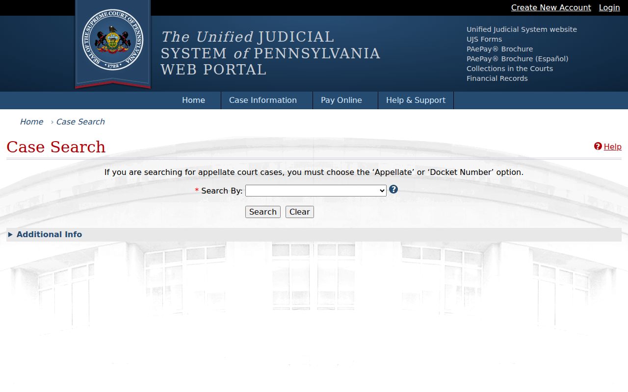 Palmer Township residents directory Pennsylvania UJS case search screen